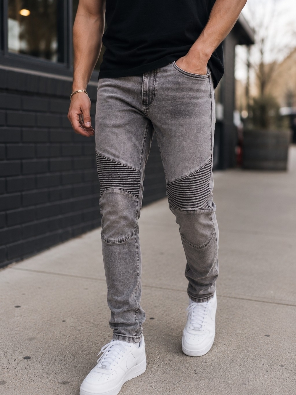 Men's Grey Skinny Moto Jeans with Ribbed Knee Panels